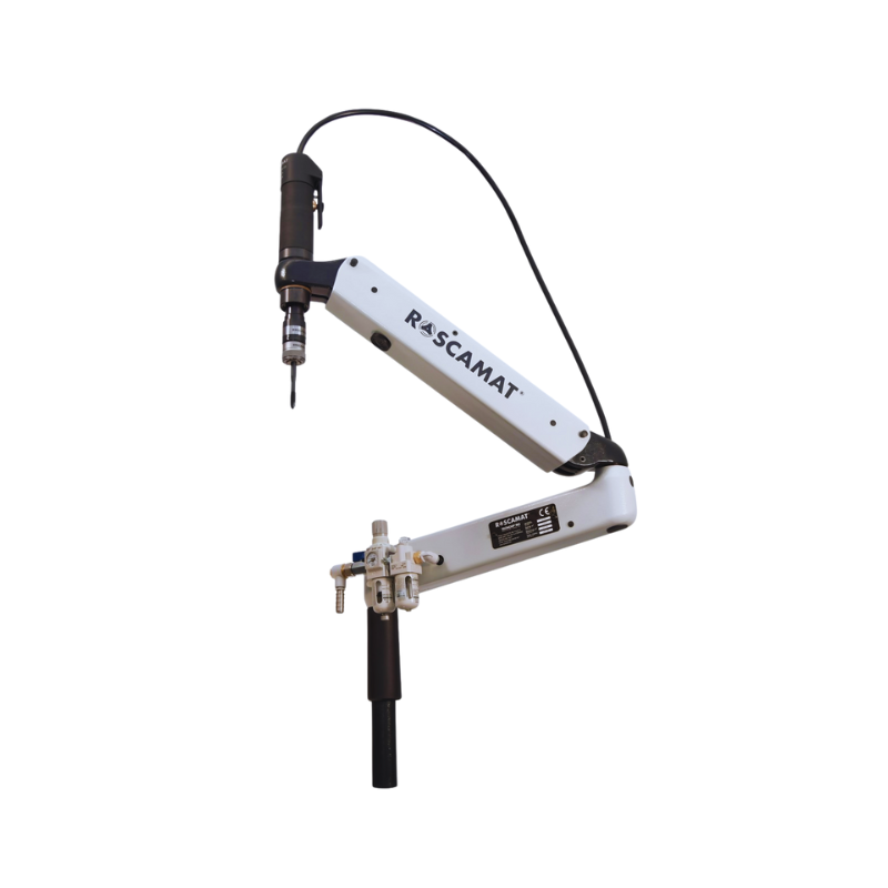 Compact industrial tapping arm with 37" reach, capable of tapping up to 9/16" (M14). Features an air motor and options for vertical or vertical and horizontal tapping. Constructed with heavy-duty cast aluminum.