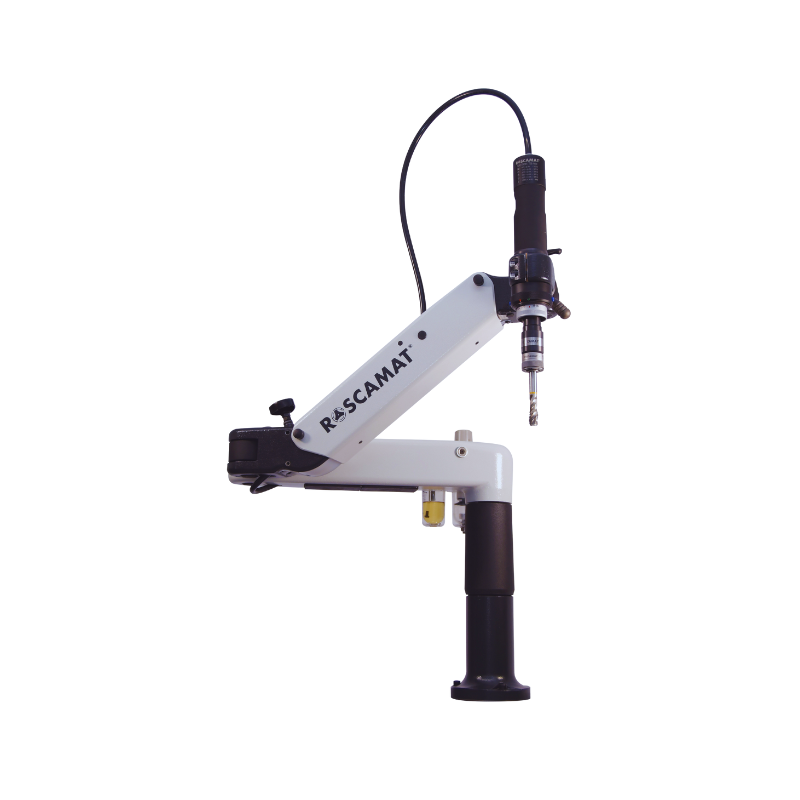 Industrial tapping arm with 43" reach and 27" height, capable of tapping up to 7/8" (M22). Features an air motor, interchangeable speed modules, and a drilling module. Constructed with heavy-duty cast aluminum.