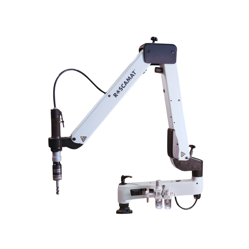 Industrial tapping arm with 83" reach and 44" height, capable of tapping up to 7/8" (M22). Features an air motor, interchangeable speed modules, and automatic tool lubrication. Constructed with heavy-duty cast aluminum for durability.