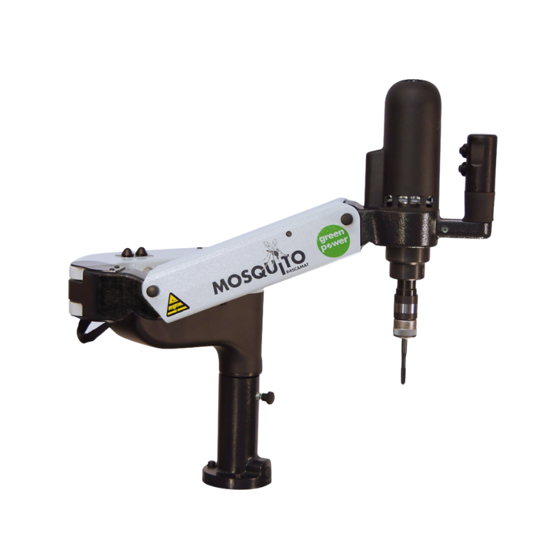 Compact 110V single-phase tapping arm with 30" reach, capable of tapping up to 9/16" (M14). Features a high-frequency electric motor and speed control. Constructed with heavy-duty cast aluminum.