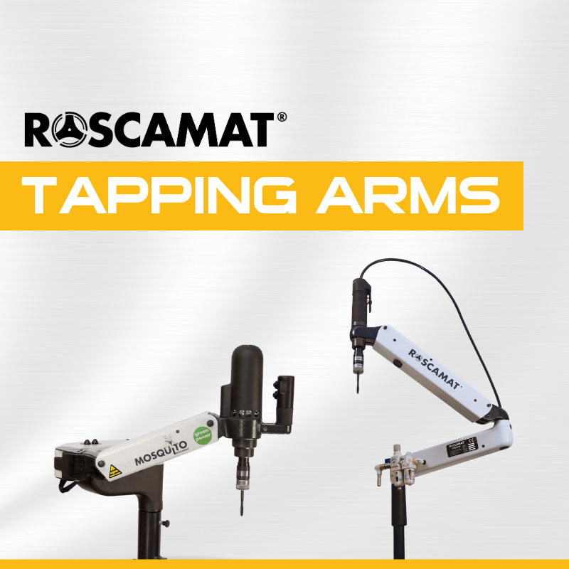 Collection of tapping arms from Roscamat USA, showcasing various models designed for precision tapping tasks.