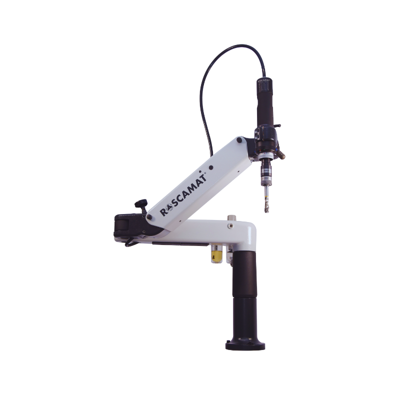  Industrial tapping arm with 43" reach and 27" height, capable of tapping up to 7/8" (M22). Features an air motor, interchangeable speed modules, and a drilling module. Constructed with heavy-duty cast aluminum.