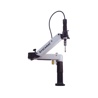  Industrial tapping arm with 43" reach and 27" height, capable of tapping up to 7/8" (M22). Features an air motor, interchangeable speed modules, and a drilling module. Constructed with heavy-duty cast aluminum.