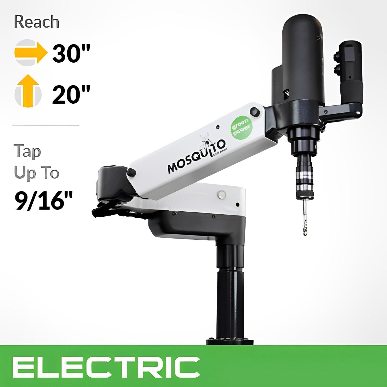 Compact tapping arm with 30" reach, capable of tapping up to 9/16" (M14). Features a high-frequency electric motor and speed control. Constructed with heavy-duty cast aluminum.