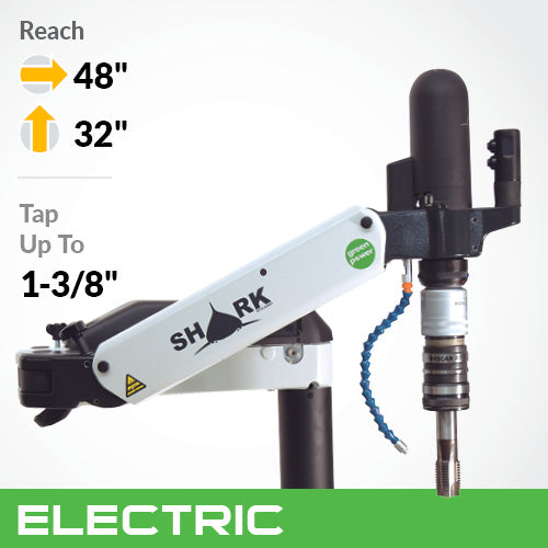 Shark electric tapping arm with 48" reach, 32" height, and 1-3/8" (M36) capacity. Features high-frequency motor, electronic speed control, and interchangeable speed modules. Cast aluminum construction for lightweight durability. Includes auto tool lubrication and depth control.