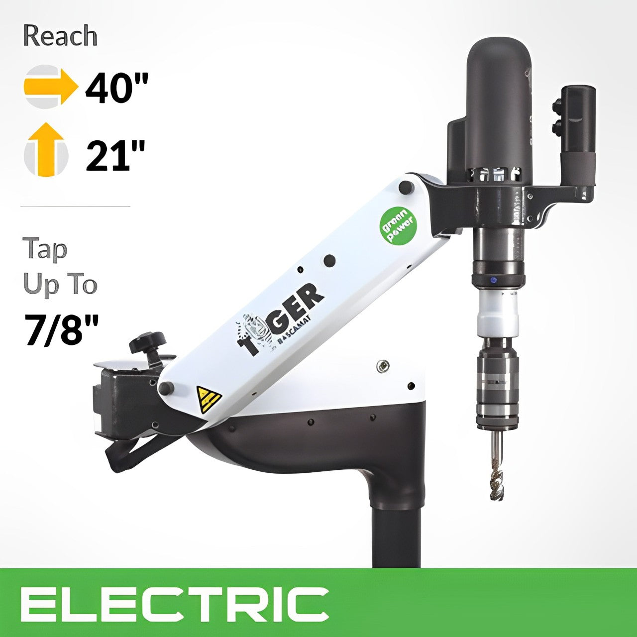 Industrial tapping arm featuring a high-frequency motor, speed control variator, right-hand rotation control, and 7 interchangeable speed modules.