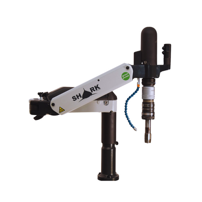 Shark electric tapping arm with 48" reach, 32" height, and 1-3/8" (M36) capacity. Features high-frequency motor, electronic speed control, and interchangeable speed modules. Cast aluminum construction for lightweight durability. Includes auto tool lubrication and depth control.