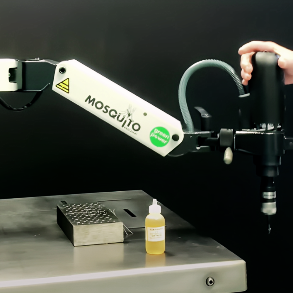 Roscamat®USA tapping arm's flexible design demonstrated as it effortlessly swivels and maneuvers to tap holes in various positions on a complex metal assembly.