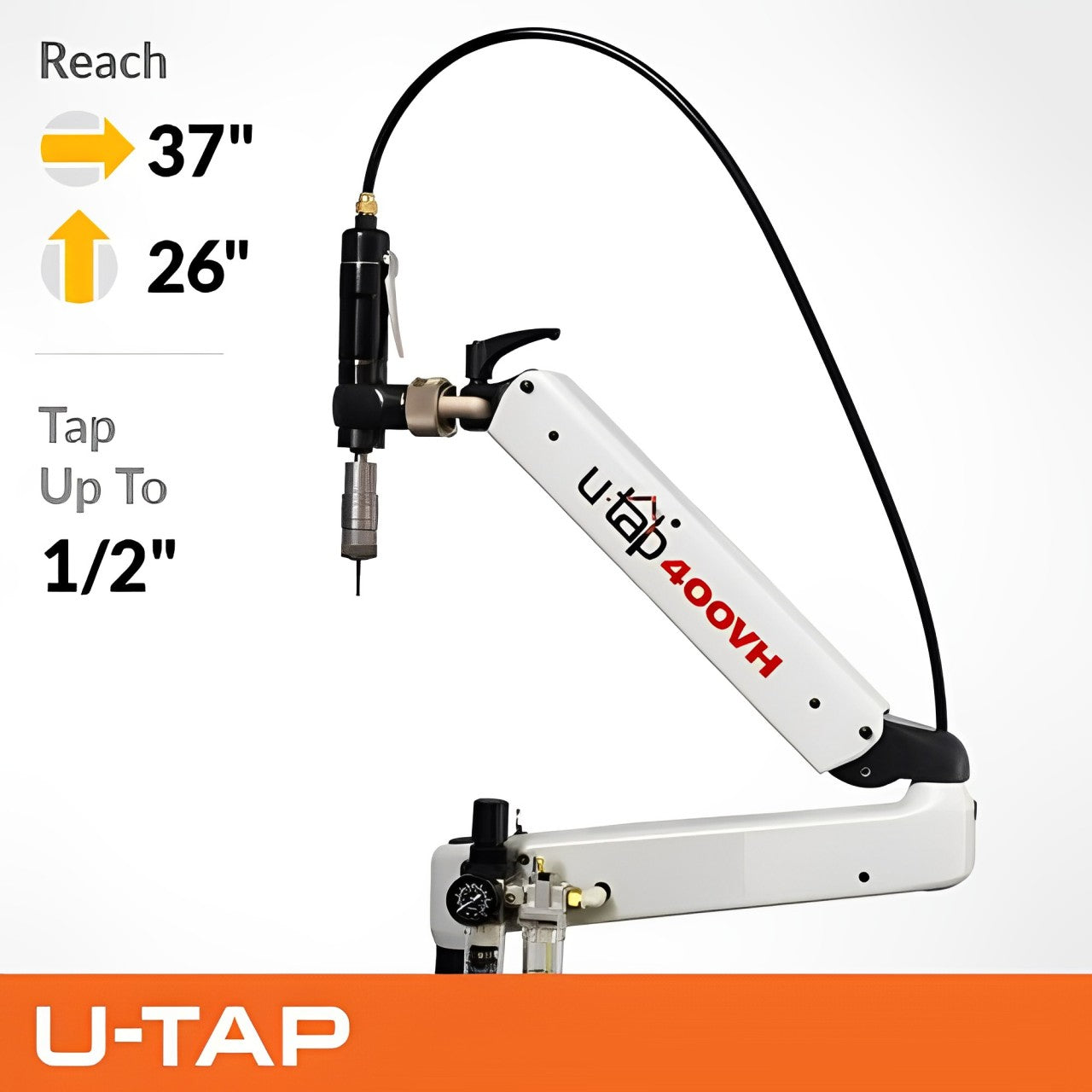 U-Tap tapping arm with 37-inch reach, capable of tapping up to 1/2 inch in steel and 9/16 inch in aluminum. Features a 400 RPM air motor and heavy-duty cast aluminum construction.