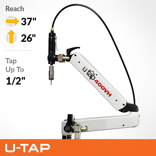 U-Tap tapping arm with 37-inch reach, capable of tapping up to 1/2 inch in steel and 9/16 inch in aluminum. Features a 400 RPM air motor and heavy-duty cast aluminum construction.