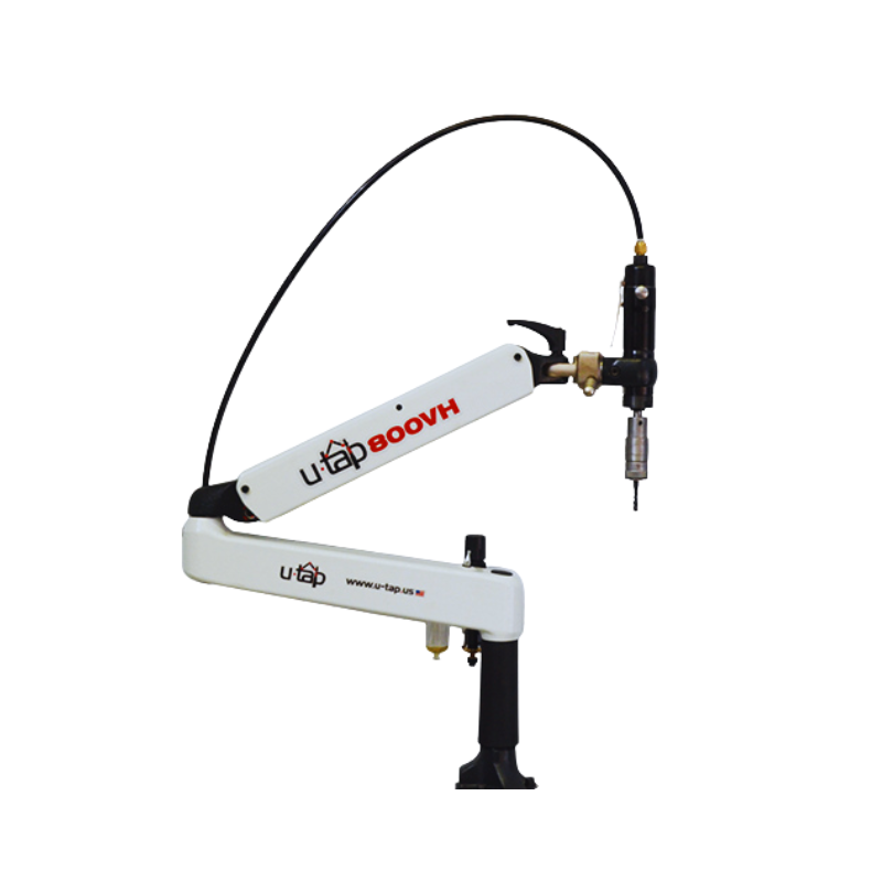 Compact air-powered tapping arm for vertical and horizontal use. Reaches 37 inches with a 26-inch height. Handles up to 5/16 inch taps in steel and 3/8 inch in aluminum.