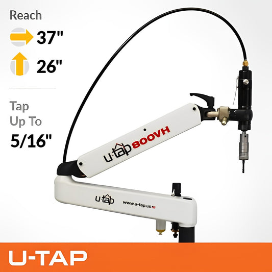 Compact air-powered tapping arm for vertical and horizontal use. Reaches 37 inches with a 26-inch height. Handles up to 5/16 inch taps in steel and 3/8 inch in aluminum.